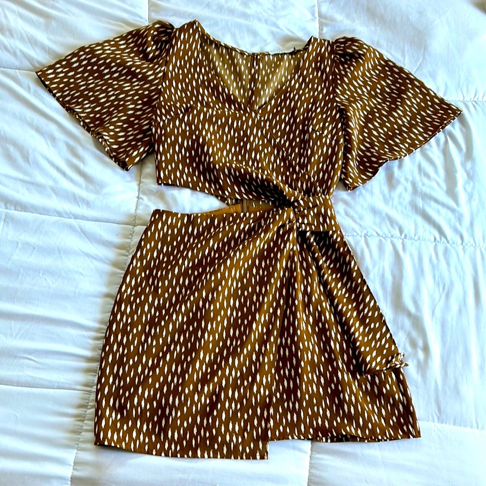 Lush Camel Polkadot Wrap Cut Out Mini Dress Small
